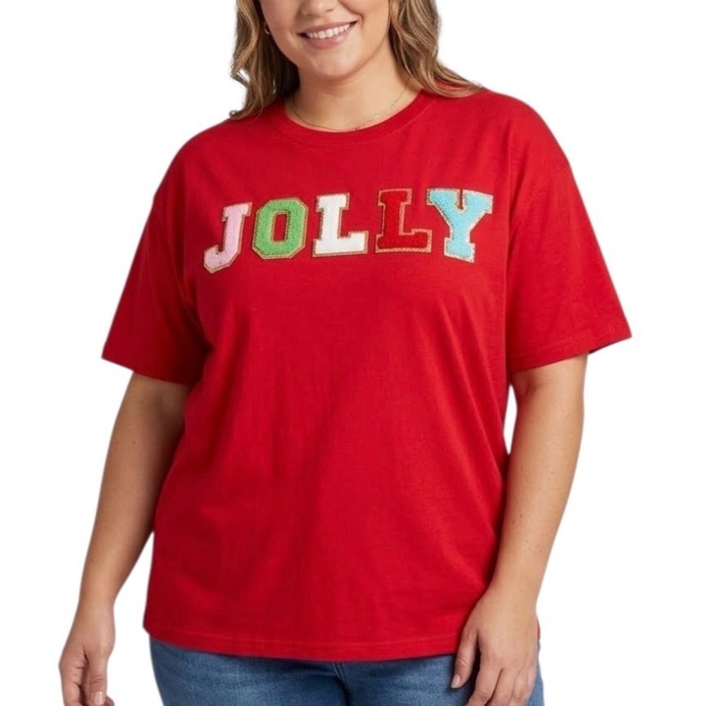 Jolly Christmas T-Shirt Red Chenille Patch Fruit of the Loom HD Cotton Womens XL